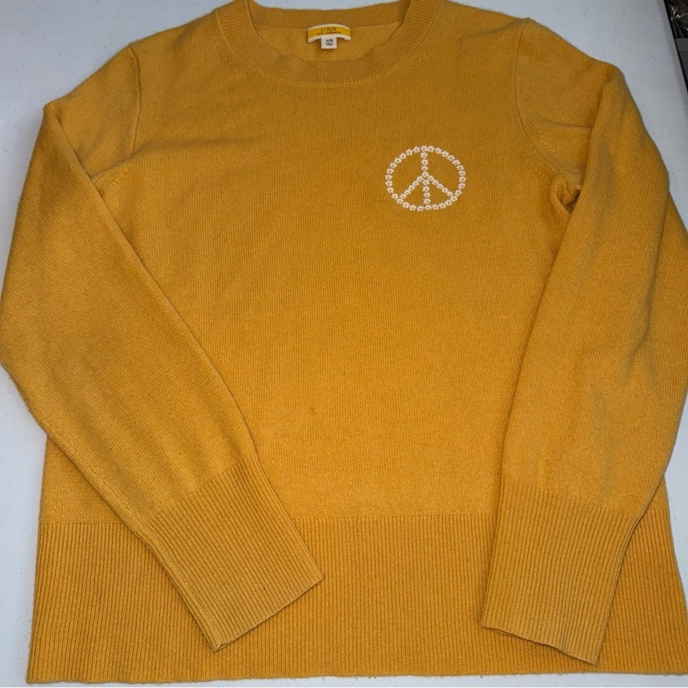 J Crew womens marigold soft‎ cashmere embroidered peace sign sweater XS